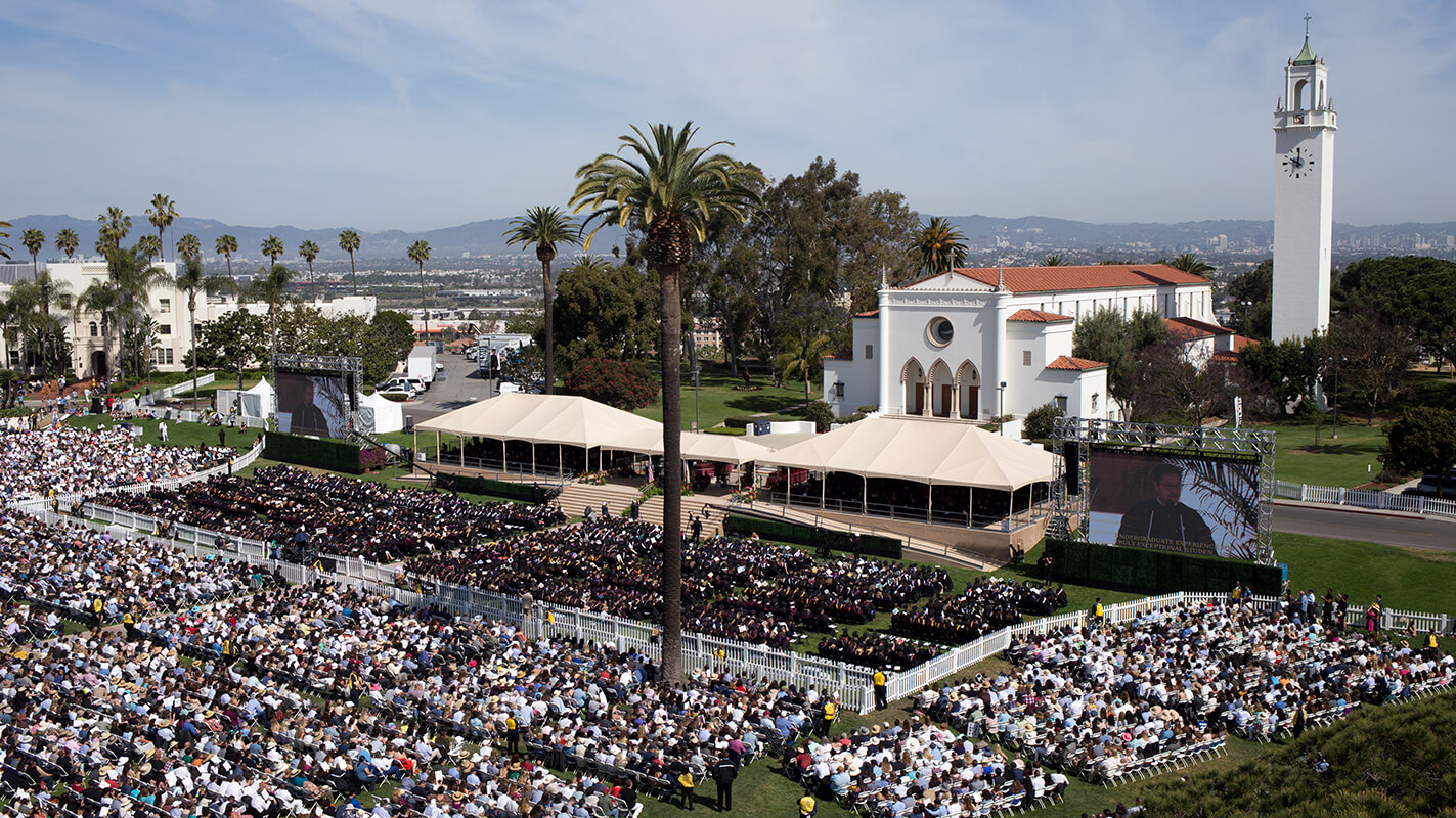 An overhead picture of LMU commencement in Sunken Garden in front of Sacred Heart Chapel.